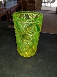 Antique Vaseline glass Daisy and V button celery vase.
