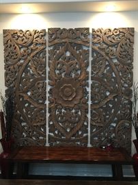 over size wood carved wall deco                                                                             solid wood mahogany bench 