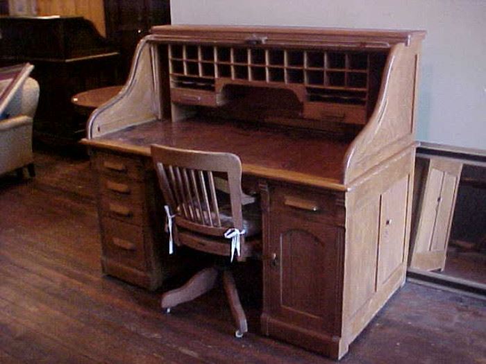 Antique oak roll top desk & chair