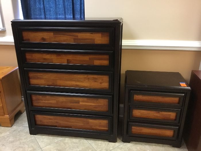 Dual wood tall chest drawer, side chest and also we have full size bed headboard footboard and mattress matching this set