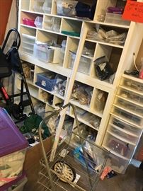 We have an assortment of craft items being offered and 2 craft shelving units  with. An easily be used in bedrooms or living rooms also. Pictured  I have them stacked 