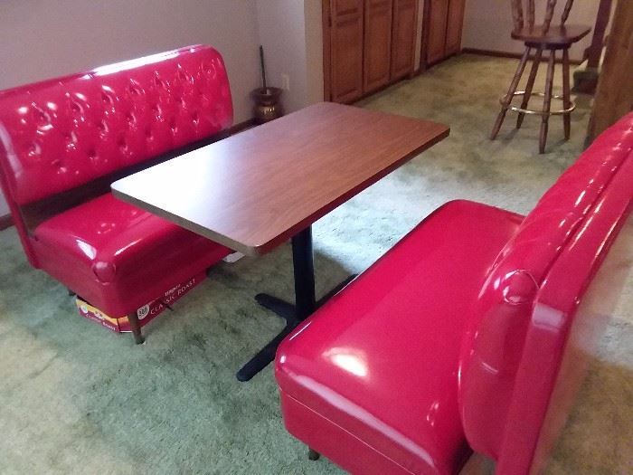 Vintage  brand new condition Diner Booth Set of slick vinyl tufted benches with table in Candy Apple Red. Reproduction online sells for $2298.16 at https://www.retroplanet.com/PROD/18728.html?gclid=CjwKCAjw8_nXBRAiEiwAXWe2ydLb-gAb7OqqAj969yzqH-dZ1tdhWwWfe8SM-02NaV76K_1sBulvwxoCxDsQAvD_BwE