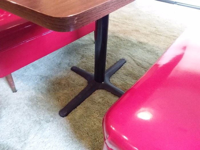 Vintage  brand new condition Diner Booth Set of slick vinyl tufted benches with table in Candy Apple Red. Reproduction online sells for $2298.16 at https://www.retroplanet.com/PROD/18728.html?gclid=CjwKCAjw8_nXBRAiEiwAXWe2ydLb-gAb7OqqAj969yzqH-dZ1tdhWwWfe8SM-02NaV76K_1sBulvwxoCxDsQAvD_BwE