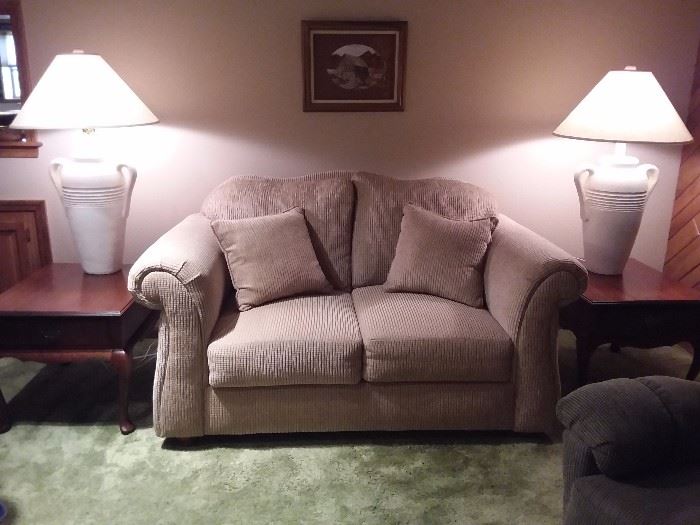 Tan/Beige loveseat with tall table lamps...Please note end tables not for sale