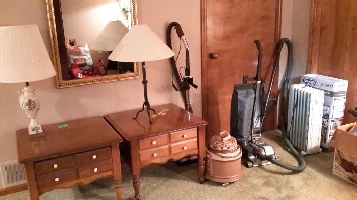 Vintage end tables, mirror, lamp, vacuums, and more!
