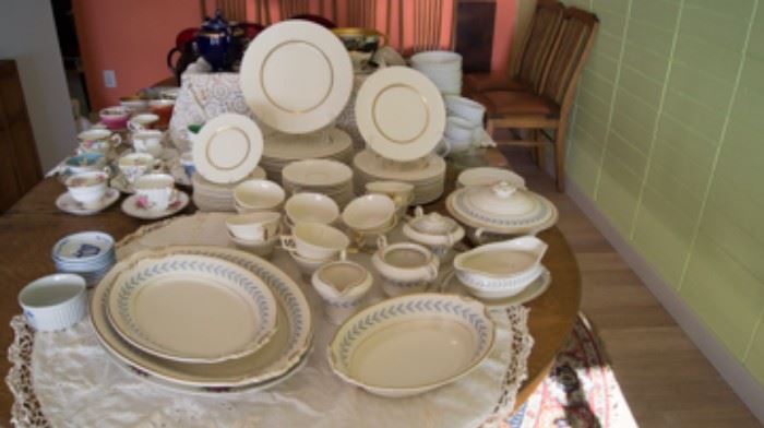 Lenox agean 5 pc place settings (12 complete) in excellent condition. Syracuse old ivory blue serving set. 