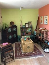 Our featured "far east" corner. Vintage rosewood nesting tables, Chinese stacking cloisonne cabinet, Japanese jade inlay console. 