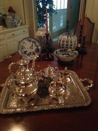 Exceptional silver plate tea set with handled tray