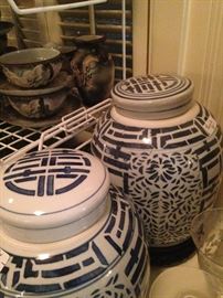 Blue & white lidded temple jars