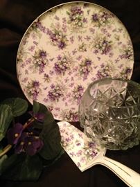 Serving plate with violets, matching server, and rose bowl