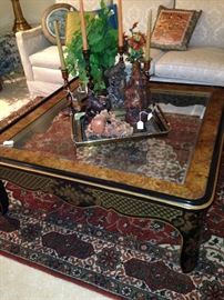 Large lacquered (with burled wood) coffee table; handsome Oriental rug