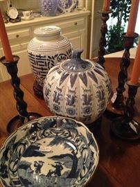 More barley twist candle holders; blue & white plate, lidded bowl, and urn