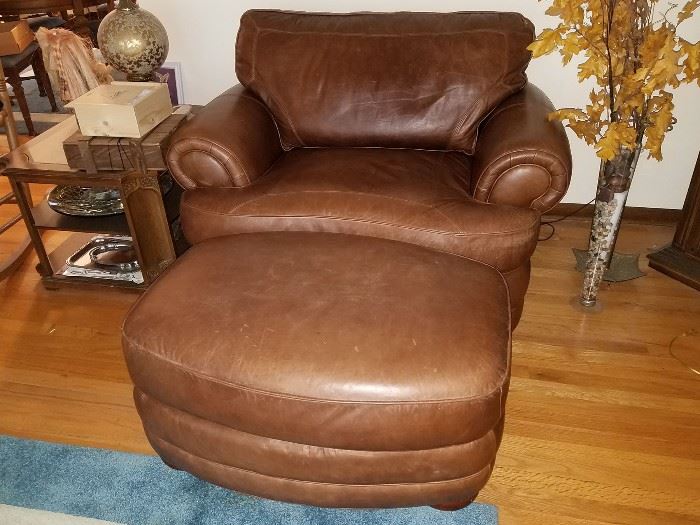 Leather chair-and-a-half with ottoman
