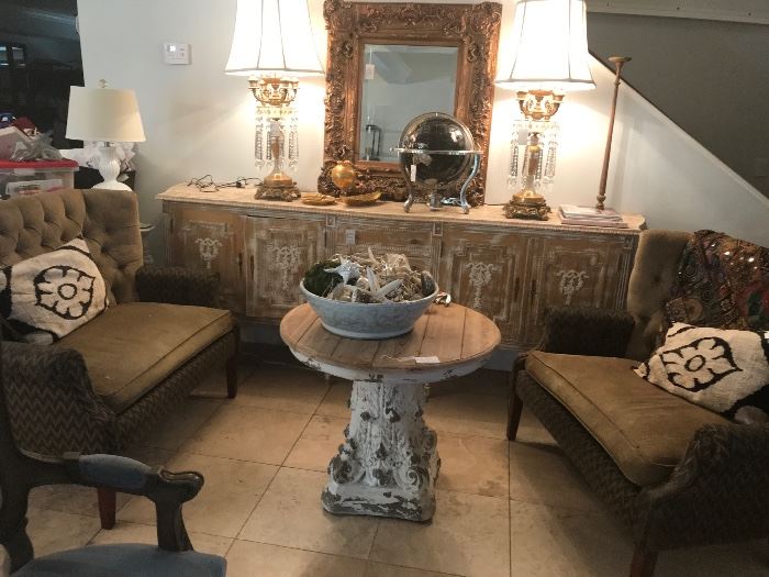 Amazing French Sideboard, Pair of Prism Lamps, 1940 Settees, Round Corinthian Column Table and Chinese Bowl with shells.  Also Gemstone Globe. 
