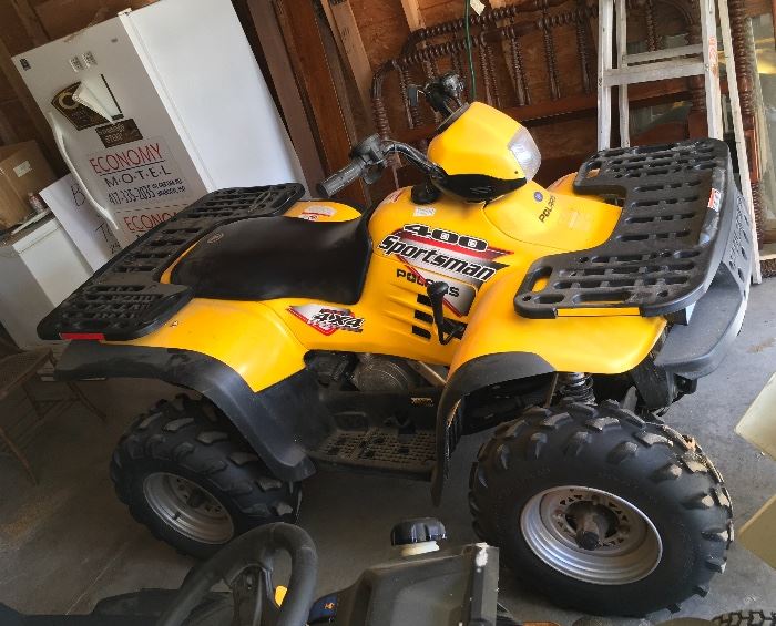 NICE 2003 POLARIS SPORTSMAN ATV 4 WHEELER. WE SENT THIS OUT TO HAVE A NEW BATTERY PUT IN ALONG WITH FRESH FUEL. IT WILL BE BACK ON SITE ON WEDNESDAY DURING THE SALE. 
