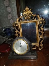 Pair gilt Iron Picture frames, Wood Seth Thomas mantel clock, antique dresser and mirror