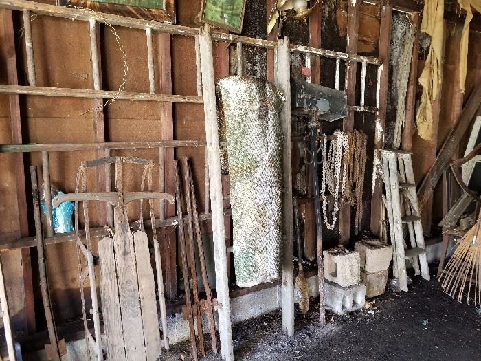 Ladders, crates, old iron pots, etc