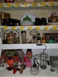 Various early kitchen appliance, caged light, cookbooks, etc