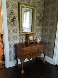Queen Anne entry Lowboy, antique Gilt wood mirror, Black Starr & Gorham clock, Tole Candle Sconces 