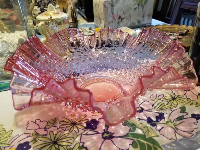 Pink glass Hobnail Brides Basket