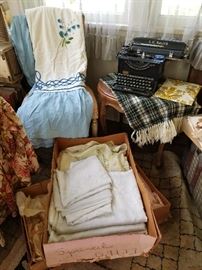 Room full of Vintage linens, embroidery, curtains, tablecloths, blankets, LC Smith 8 12 typewriter...Minty 