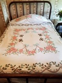 Antique Austere Iron bedframe Faux painted Mahogany (heavy solid iron bed) , Full size Chenille Bedspread