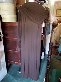 Full length Cashmere gown with Pleated silk sleeves 