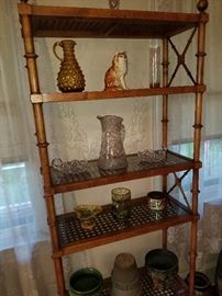 MCM Faux Rattan and Cane Etegere, glass shelf protectors, various antique stoneware, early American Cut glass nappies & Pitcher, MCM small pottery pieces