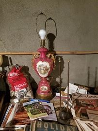More early 50s house and garden, Holiday mags early 50s, old bakelite TV rabbit ears antennae, antique lamp
