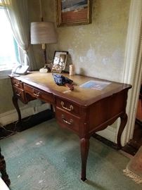 French style Leather top Writing Desk with Cabriole legs, 1950's MCM Wood/brass Lamp, Antique Parasol with large chunky Amber Handle