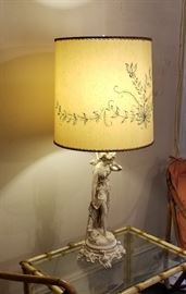 Substantial French Figural Diana Lamp, original hand painted Shade