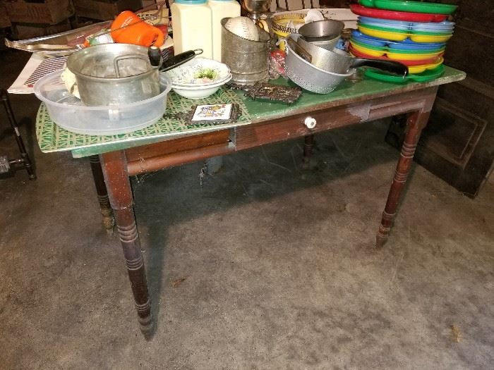 antique Work/Harvest table, old green painted top spindle or turned legs