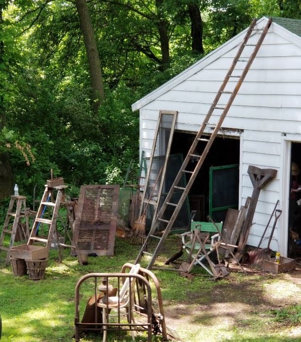 Antique wood extension ladders, folding ladders, Architectural finds, oLD Mortise Sign post, antique Iron single sz Tuxedo bedframe, Tools, Tools, Old shutters and screens, directors chair...YOU GET THE POINT...RIGHT??