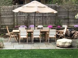 Teak Table and Chairs and Umbrella from Forunoff Outdoor Table as shown 10ft with 2 Leaves