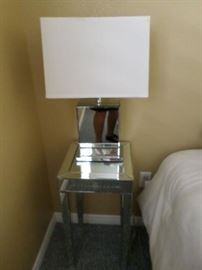 Pr. Mirrored Lamps/ White shade, Pr. Mirrored End Tables