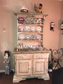 Antique china trio sets, distressed kitchen cabinet