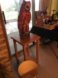 Tall table or plant stand & ceramic owl