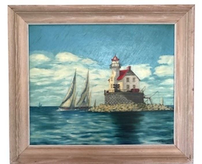 Nautical painting, light house, sailboats