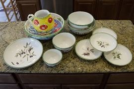 Nesting (4) Chaparral Pottery Mixing Bowls.  $45.00  Olive Grove William and Sanoma Pasta Bowls (5)  $75.00  Italian Pottery.  Pitcher:  $18.00  Matching Bowl:  $18.00 (as is)