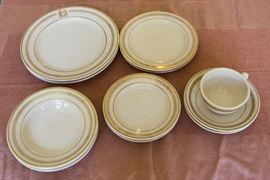 Vintage Restaurant Ware.  Bellevue-Stratford Hotel Dish Set.  7 Dinner plates, 7 Salad Plates.  8 Bread Plates.  7 Cream Soup Bowls, 7 Bullion Soup Bowls.  6 Cups and Saucers.  $90.00
