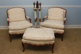 Ornate Marble Plant Stands.  2 available.  $120.00 and 1 as is:  $90.00  (Pedestals are sold).  Carved Rosewood Emperor:  $60.00 (as is)  Antique Enamel and Brass Urn On Marble:  $45.00 Sam Moore Furniture Co. English Style Chairs and Ottoman:  $750.00