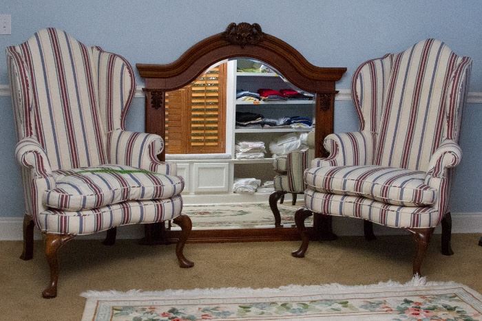 2 Upholstered Wing Back Chairs.  $225.00 (1- as is)  Ornate Wood and Beveled Mirror For The Wall Or Dresser.  43"w x 50"h:  $300.00