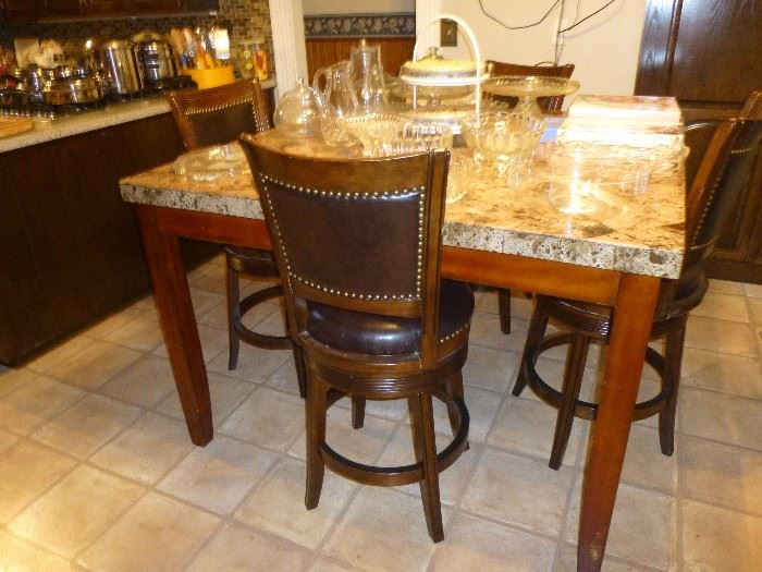 COUNTER HEIGHT DINING SET WITH MARBLE TOP AND SWIVEL CHAIRS 