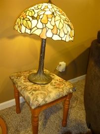 TIFFANY STYLE LAMP AND A STOOL WITH STORAGE