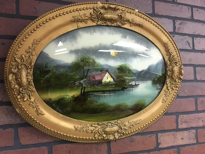 Antique reverse painting; ornate frame, rounded glass
