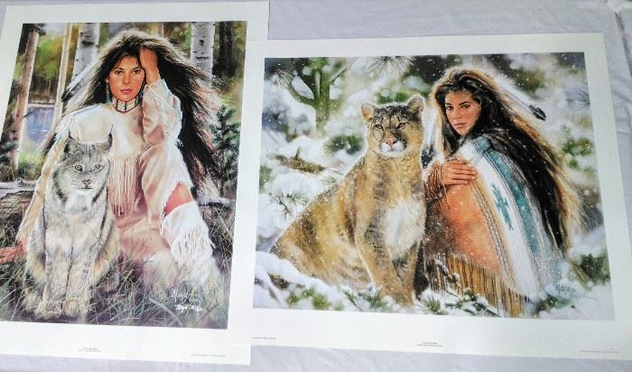 2 Maija Prints - Women with Big Cats - "Autumn Snow" & "Feline Mischief"  https://ctbids.com/#!/description/share/22355
