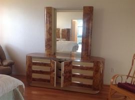 Lg bedroom suite with bed ,2 nightstands ,long dresser, uprite armoir 