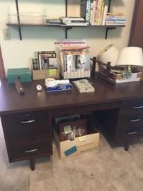 large metal desk and office items