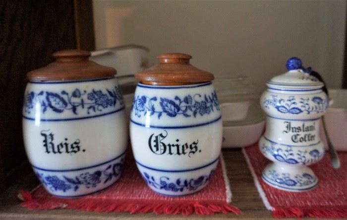 German blue and white pottery kitchen canisters