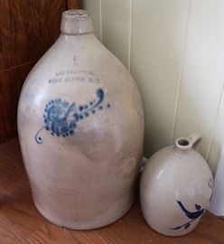 Antique salt glaze jugs - the large jug was produced for Samuel O. Dimmick (1824 - 1903), Innkeeper, Port Jervis, N.Y.